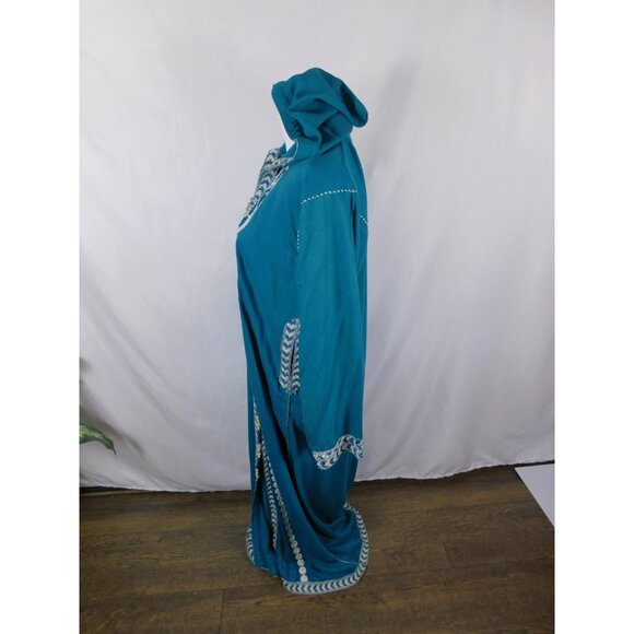 Moroccan Djellaba Robe Womens One Size Teal Hooded Embroidered Beaded Kaftan - Picture 7 of 12